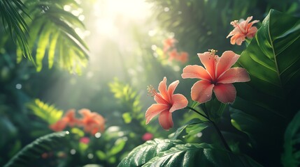 Obraz premium Dense jungle alive with bright flowers and rich green foliage