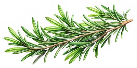 Dynamic Close-Up Pencil Drawing of a Curving Rosemary Sprig in Rich Green Against a Stark White Background, Highlighting Textures, Depth, and Natural Beauty of This Culinary Herb