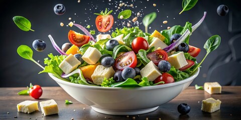 Dynamic Close-Up of Vibrant Salad in White Bowl with Floating Fresh Ingredients Greens, Tomatoes, Cheese Cubes, and Blueberries Against a Dark Background, Capturing the Art of
