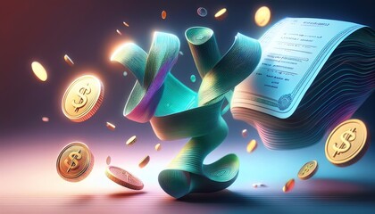 A vibrant visual representation of swirling currency, coins, and financial documentation, symbolizing the dynamic nature of money and investments.