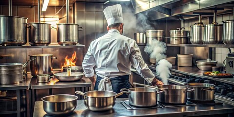 Dynamic Culinary Creation Chef in Pristine Whites at Stainless Steel Counter, Surrounded by Gleaming Equipment and Flickering Flame, Capturing the Intensity of a Bustling