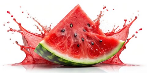 Dynamic Close-Up of Watermelon Slice Splashing into Juice, Vivid Red and Green Colors, Radial Pattern of Juice Droplets, Capturing Summer's Refreshing Essence and Vibrancy