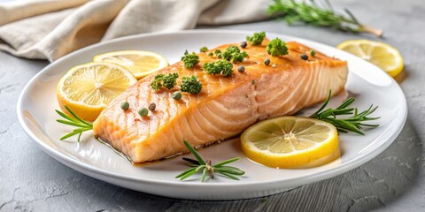 Elegant Close-Up of Glazed Salmon Fillet on White Plate, Garnished with Parsley, Green Peppercorns, and Juicy Lemon Slices, Set Against a Neutral Gray Background, Inviting