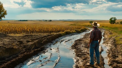 A scene of parched farmland with wilted crops and dry irrigation channels, as a farmer looks on in desperation, fearing the loss of their harvest due to the prolonged drought and lack of rainfall.

