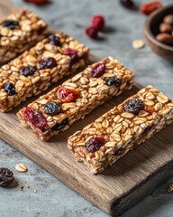 A wooden board displays granola bars topped with dried fruits, ideal for healthy snacking.