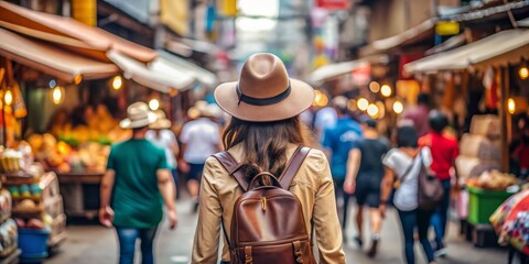 Exploring Vibrant Markets Woman in Light Brown Jacket and Tan Fedora Amidst Blurred Stalls, Carrying Brown Leather Backpack, Capturing the Essence of Adventure and Motion