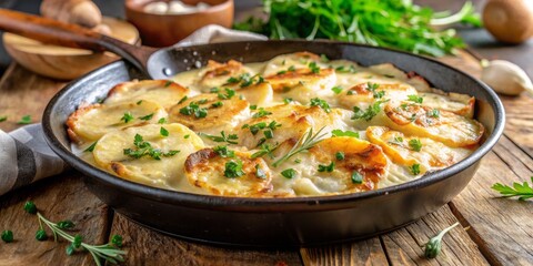 Golden-Brown Potato Gratin in Cast Iron Skillet on Rustic Wood Tabletop