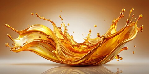Golden Liquid Splash Dramatic Curving Wave with Asymmetrical Droplets, Illuminated against Beige and Brown Gradient, Enhancing Depth and Fluidity on a Glossy Surface