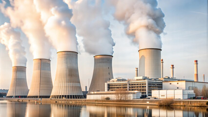 Large power plant with cooling towers emitting steam, industrial landscape near water