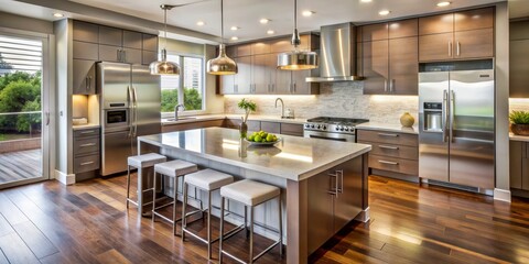 Fototapeta premium Modern Minimalist Kitchen with Wide-Angle View Featuring Central Large Kitchen Island of Polished Stainless Steel, Dark Wood Cabinets, Chrome Bar Stools, and Warm Pendant Lighting