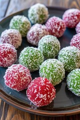 Colorful sweet balls coated with coconut flakes on a plate presented on a wooden table. MZ