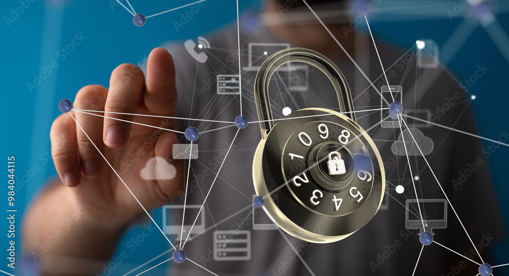 Poster Security Shield concept, data protection. Shield with dots and lines connectio