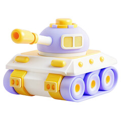 3D rendering of a colorful toy tank with yellow and purple details isolated on a white background. This fun and playful design is perfect for kids and video games. 