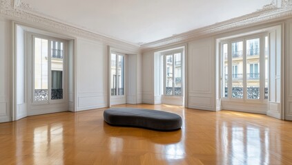 Obraz premium Empty Living Room with Polished Wooden Floors and White Walls Featuring a Gray Sofa