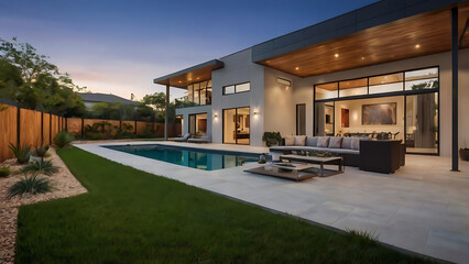 A luxury house backyard with pool