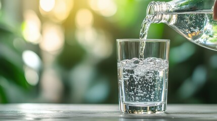 Fresh water being poured from a clear glass bottle into a tumbler placed on a minimalistic table background with soft natural lighting