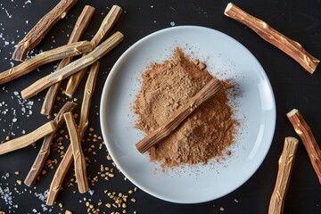 A realistic capture of licorice roots and powder spread out on a white plate, emphasizing their benefits in soothing sore throats and digestive health.
