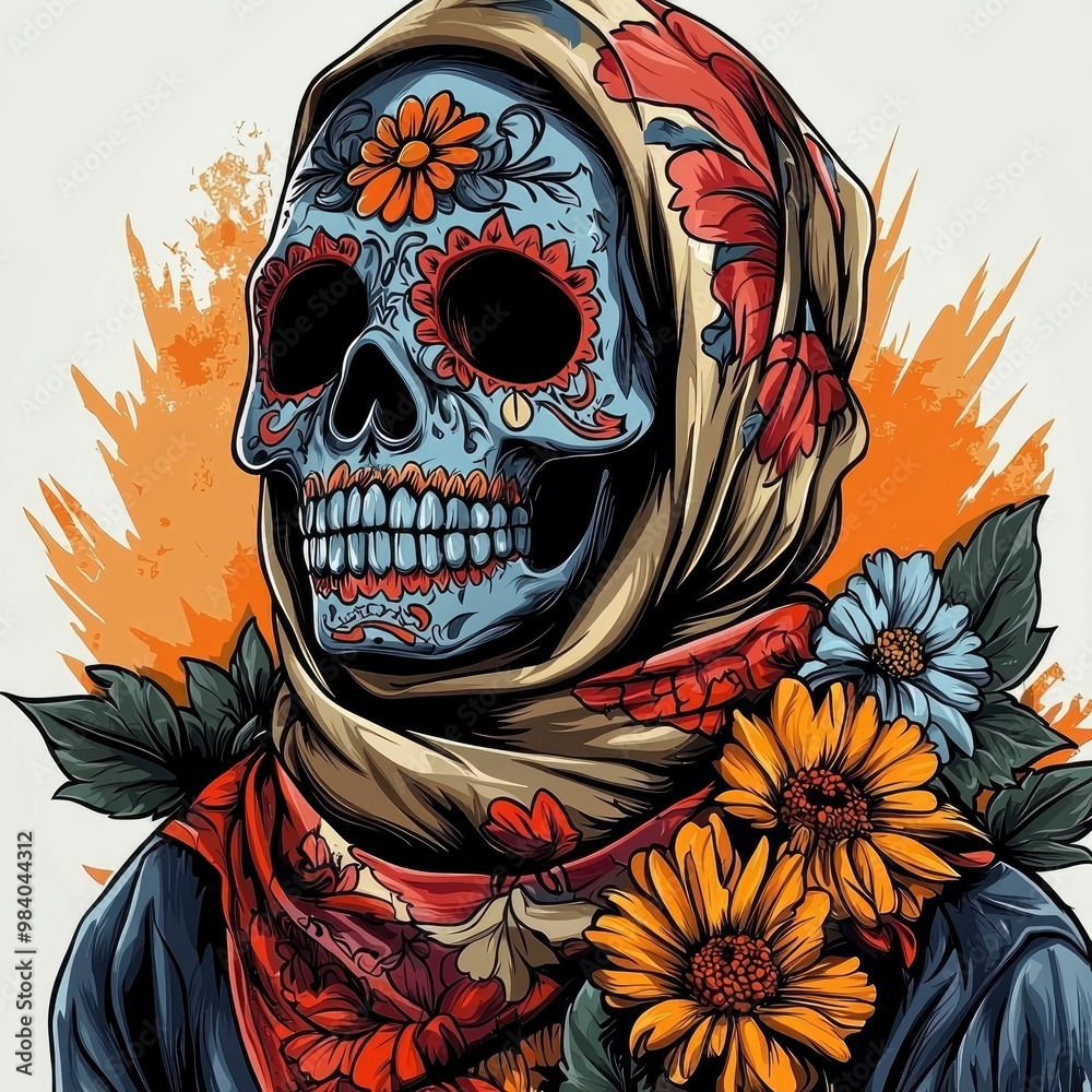 Wall mural Sugar Skull Woman in Floral Scarf