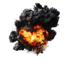 Fiery explosion black smoke and fire, soot, blow up, transprent PNG isolated