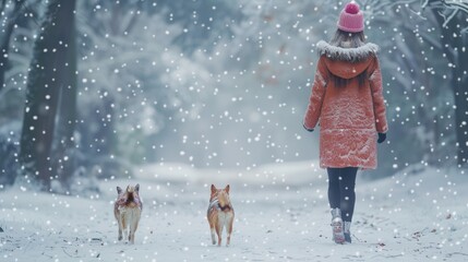A girl walks in the snow with two adorable dogs under falling snowflakes. A beautiful winter scene of joy and companionship.