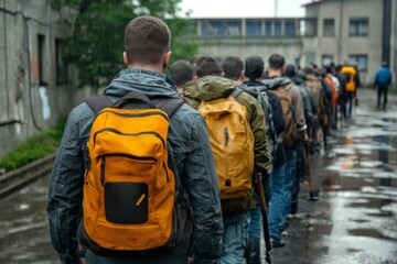 Line of people waiting in the rain facing away wearing hoods and backpacks