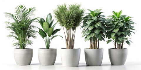 Symmetrical Arrangement of Five Diverse Tropical Plants in Unique Shapes and Textures, Potted in Plain White Pots Against a Clean White Background, Showcasing Modern Minimalist