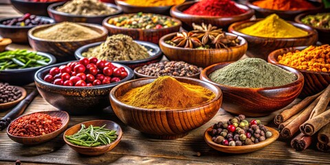 Fototapeta premium Symmetrical Arrangement of Colorful Spices in Wooden Bowls on Rustic Table Turmeric, Cumin, Paprika, Cranberries, Green Beans, Star Anise, and More Evoking Rich Aromatic Flavors