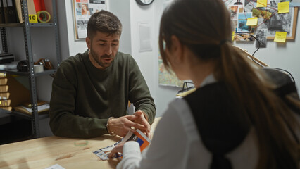 A woman investigator hands over evidence to a man in an office with a detective board and passport visible.