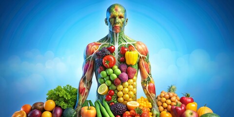 Fototapeta premium Symmetrical Human Figure Composed of Vibrant Fruits and Vegetables Against a Soft Blue and White Blurred Background, Symbolizing a Healthy Lifestyle and Balanced Diet