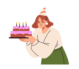 Birthday girl holding cake with candles. Happy woman celebrating b-day, smiling. Excited festive female character, holiday party celebration. Flat vector illustration isolated on white background