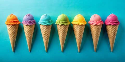 Symmetrical Row of Colorful Ice Cream Cones on Turquoise Background Vibrant Rainbow Arrangement Evokes Summery Cheerfulness and Playfulness in Well-Lit, Focused Composition