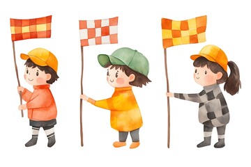 Cute Watercolor Illustration of Kids Holding Checkered Flags.
