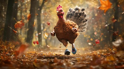 A joyful turkey in running shoes sprinting through a forested trail