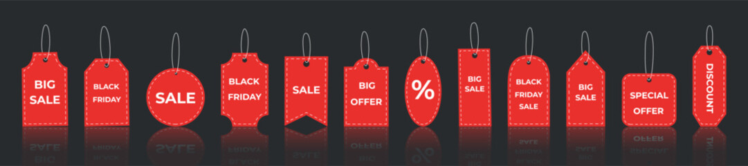 Set of red tags on black background. Black Friday sale concept. Black Friday shopping.