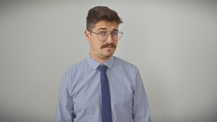 A professional-looking young hispanic man with a moustache wearing glasses and a striped shirt...