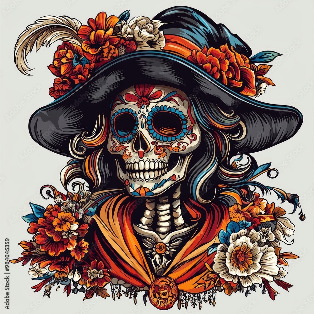 Wall mural sugar skull woman with flowers and hat