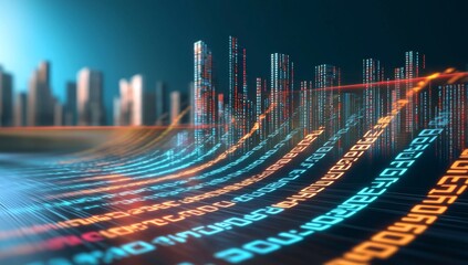 Digital Data Visualization Background with Colorful Equalizer Wave and Cityscape Silhouette