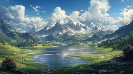 Fototapeta premium landscape of river by the mountains with some cloudy on the sky