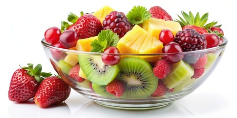 Vibrant Fruit Salad in Transparent Bowl A Centered Composition on White Background Featuring Glossy Strawberries, Pineapple Chunks, Sliced Kiwi, Raspberries, Cherries, and