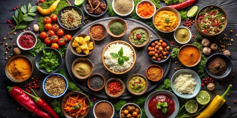 Fototapeta premium Vibrant Culinary Showcase Close-up of a Circular Arrangement of Colorful Spices, Sauces, and Fresh Ingredients on Black Wooden Surface with White Rice as the Central Focus