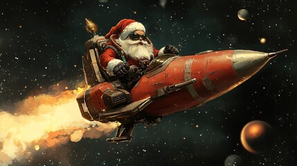 santa claus is riding a rocket sleigh in outer space