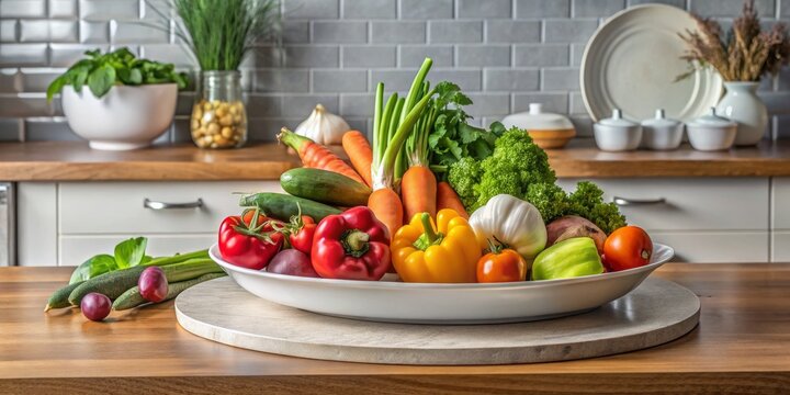Vibrant Fresh Vegetable Bowl on Light Brown Cutting Board in Modern Kitchen Red and Yellow Bell Peppers, Cucumbers, Garlic, and More Inspire Healthy Home Cooking, with Soft Focus