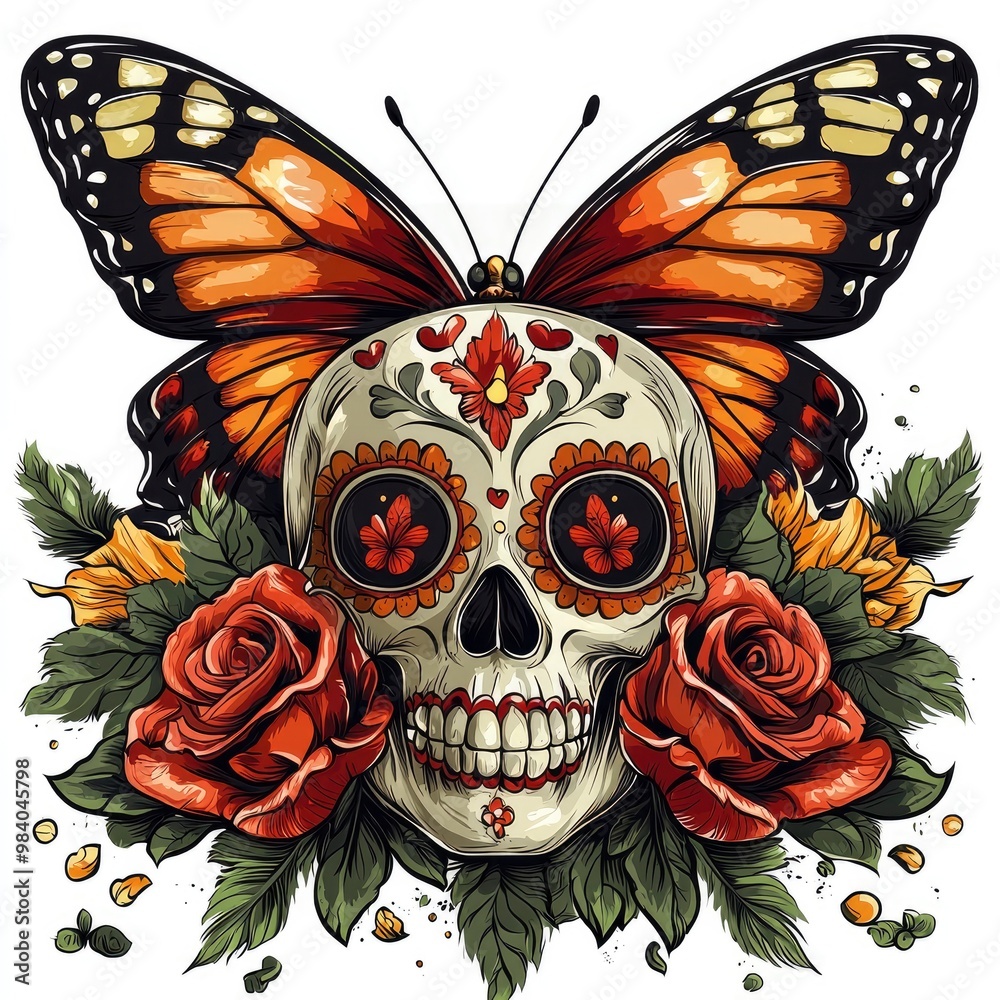 Wall mural Sugar Skull with Butterfly and Roses