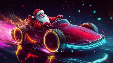 santa clause driving a neon-lit racecar shaped like a sleigh