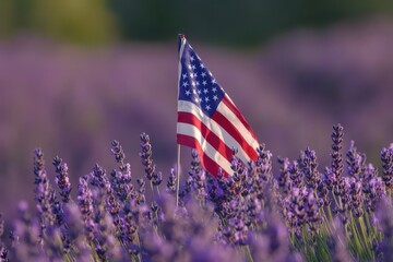 A close-up shot of an American flag nestled gently among a field of lavender flowers