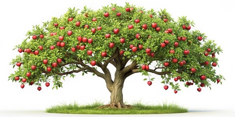Naklejka premium Vibrant Symmetry A Lush Apple Tree Bursting with Ripe Red Apples Against a Crisp White Background, Surrounded by Green Grass and Visible Roots, Symbolizing Nature's Abundance and
