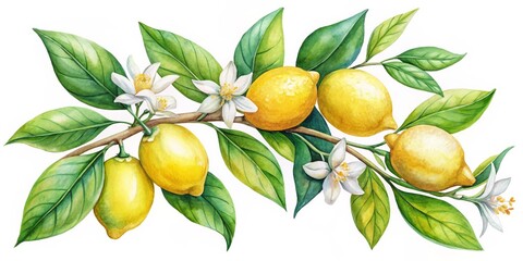 Obraz premium Vibrant Watercolor Lemon Branch Composition Five Realistic Lemons with Leaves and Flowers, Diagonally Arranged in a Horizontal Layout, Showcasing Luminous Colors and Depth