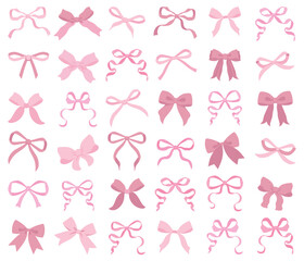 Vector Illustrations of soft pink vintage bow set. Bow for girly hair decor, flat icons. Ribbons isolated. Trendy girls accessories. Cute hairstyle elements collection.Simple handdrawn pink ribbon bow