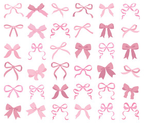 Vector Illustrations of soft pink vintage bow set. Bow for girly hair decor, flat icons. Ribbons isolated. Trendy girls accessories. Cute hairstyle elements collection.Simple handdrawn pink ribbon bow
