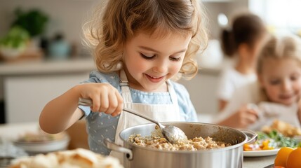Child helping parents prepare Thanksgiving dinner in the kitchen, stirring a pot of gravy and setting the table